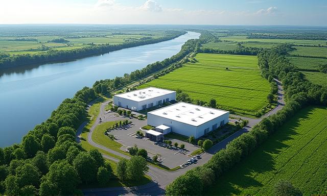 Map showing the location of Riverine Harvest's facility near Lakefront Drive, with agriculture fields in the background