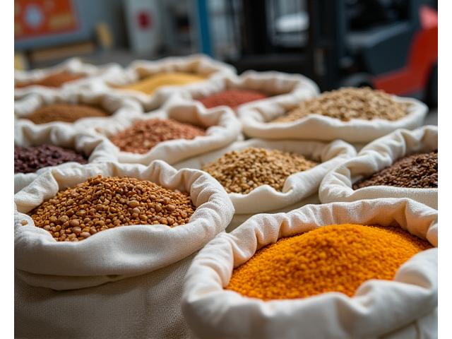 Various bulk agricultural ingredients like grains, nuts, and spices in large containers