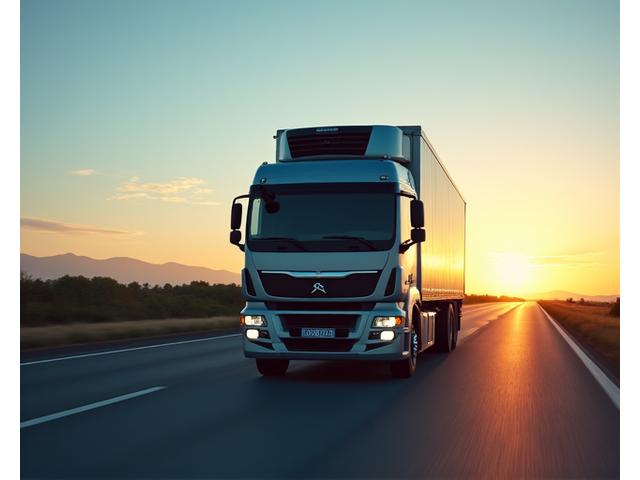 Refrigerated truck transporting fresh produce at sunset