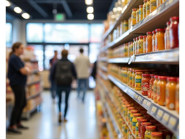 Finished private label food products on a supermarket shelf with blurred background
